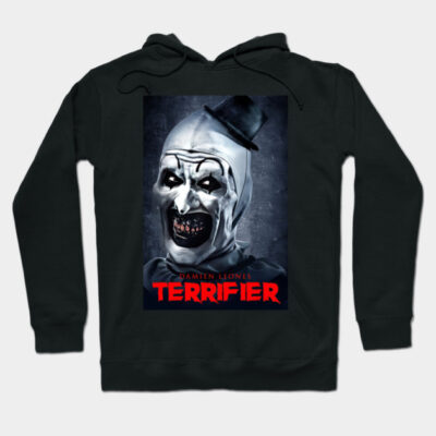 Black Terrifier hoodie with horror-themed graphic, unisex cotton, perfect for Halloween or casual wear.