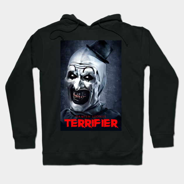 Black Terrifier hoodie with horror-themed graphic, unisex cotton, perfect for Halloween or casual wear.