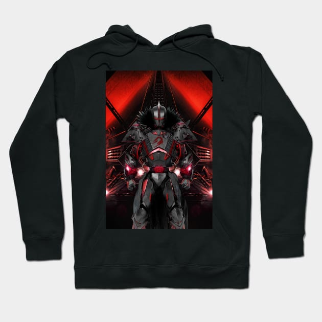 Black hoodie with futuristic red and gray armored design, perfect for casual wear or cosplay enthusiasts.
