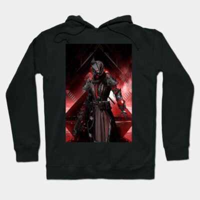 Black hoodie with futuristic warrior design, red and black colors, graphic style, cotton material, casual wear.