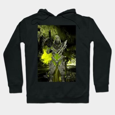 Black hoodie with vibrant graphic design featuring armored figure, ideal for casual wear. Cotton blend, unisex style.