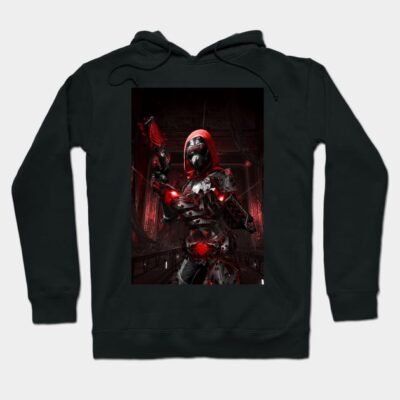 Black hoodie with a futuristic red and black warrior design, perfect for casual wear or gaming enthusiasts.
