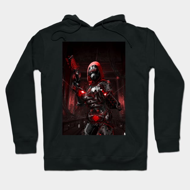 Black hoodie with a futuristic red and black warrior design, perfect for casual wear or gaming enthusiasts.