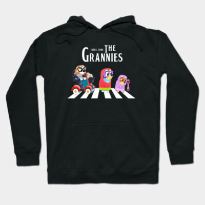 Black hoodie featuring colorful cartoon grannies design, perfect for casual wear and cozy comfort.