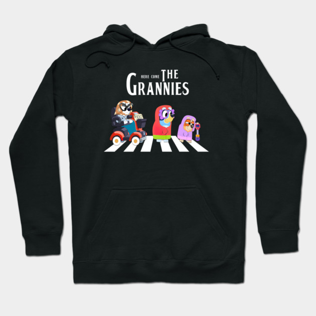 Black hoodie featuring colorful cartoon grannies design, perfect for casual wear and cozy comfort.