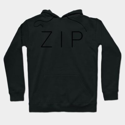 Black hoodie with "ZIP" text, featuring a front pocket and adjustable drawstring, ideal for casual wear.