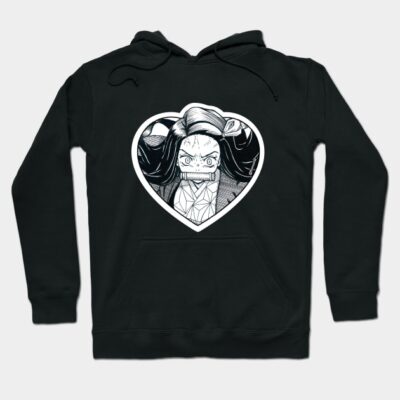 Black hoodie with heart-shaped anime graphic, featuring bold monochrome design. Cozy, casual wear for anime fans.