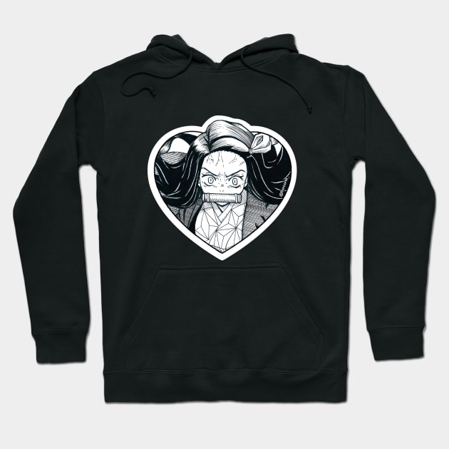 Black hoodie with heart-shaped anime graphic, featuring bold monochrome design. Cozy, casual wear for anime fans.