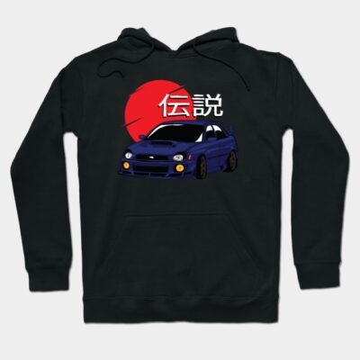 Black hoodie with blue sports car graphic and red sun design, featuring Japanese characters. Casual style, cotton material.