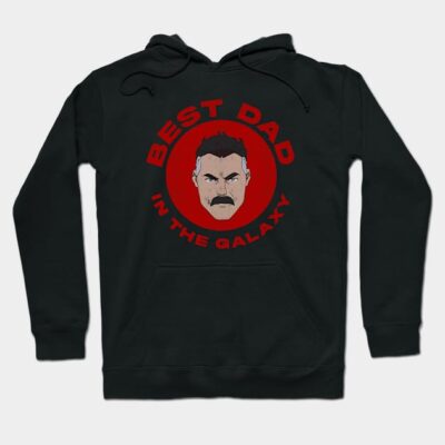 Black hoodie with "Best Dad in the Galaxy" red design, featuring bold graphic, ideal for casual wear or gifting.