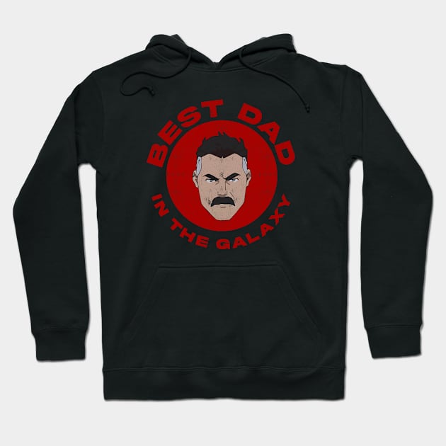 Black hoodie with "Best Dad in the Galaxy" red design, featuring bold graphic, ideal for casual wear or gifting.
