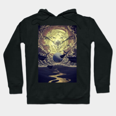 Black hoodie with mystical fantasy art design, featuring celestial scene. Perfect for casual wear and unique style.