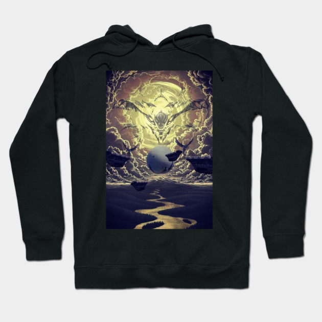 Black hoodie with mystical fantasy art design, featuring celestial scene. Perfect for casual wear and unique style.