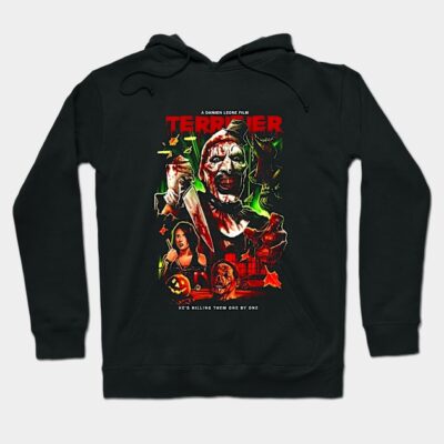 Black horror-themed hoodie with graphic print, featuring bold text and vivid colors, perfect for casual wear and Halloween.