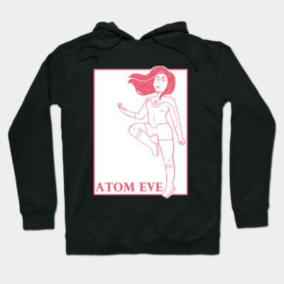 Black hoodie with red graphic design, featuring a futuristic figure and "Atom Eve" text, made of soft cotton blend.