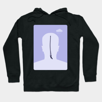 Black hoodie featuring abstract face illustration with zipper design, ideal for casual wear, cotton blend material.