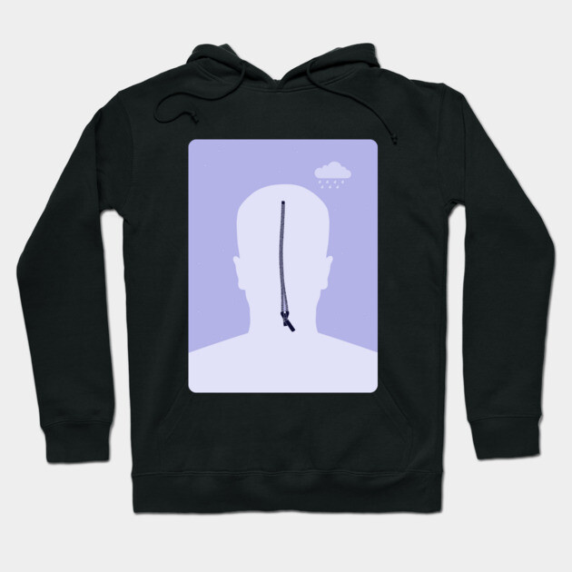 Black hoodie featuring abstract face illustration with zipper design, ideal for casual wear, cotton blend material.