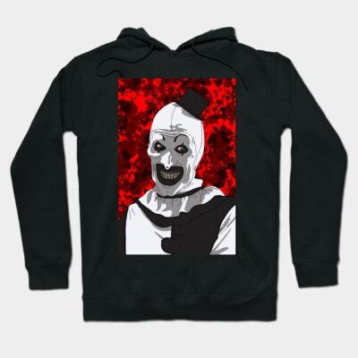 Black hoodie with spooky clown graphic, red background, perfect for Halloween, cotton blend, unisex casual wear.