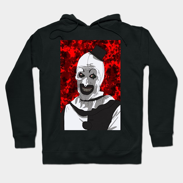 Black hoodie with spooky clown graphic, red background, perfect for Halloween, cotton blend, unisex casual wear.