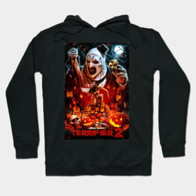 Black "Terrifier 2" hoodie featuring a horror-themed graphic with pumpkins and skulls, perfect for Halloween enthusiasts.