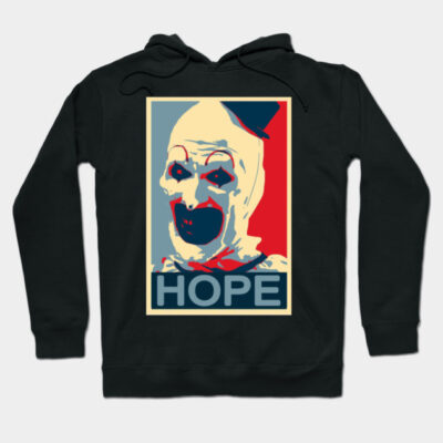 "Black hoodie with abstract clown print and 'Hope' text, casual wear, cotton blend, graphic design."