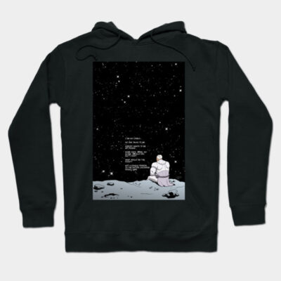 Black hoodie with space-themed design, featuring a figure on a moon surface. Soft cotton material, casual wear.