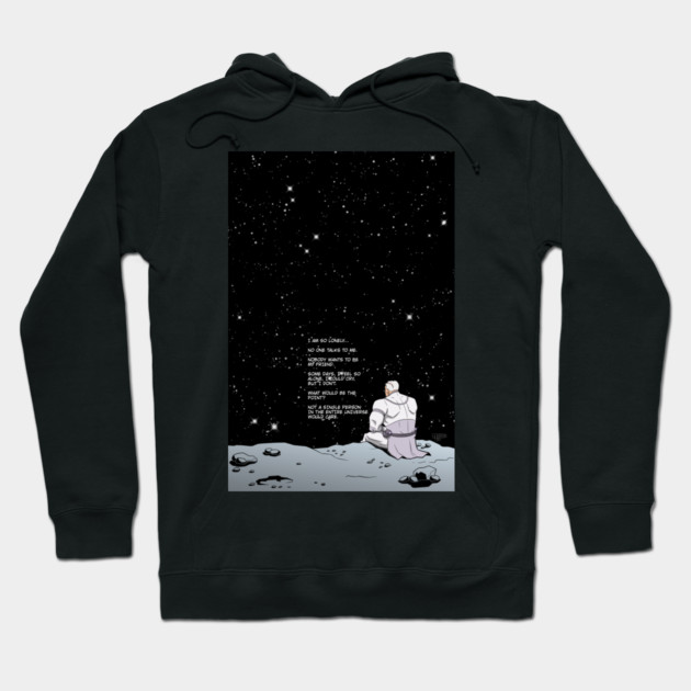 Black hoodie with space-themed design, featuring a figure on a moon surface. Soft cotton material, casual wear.