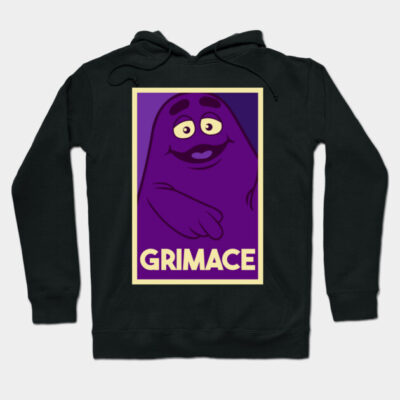 Black hoodie with purple cartoon design and "Grimace" text, cozy casual wear, cotton blend material.