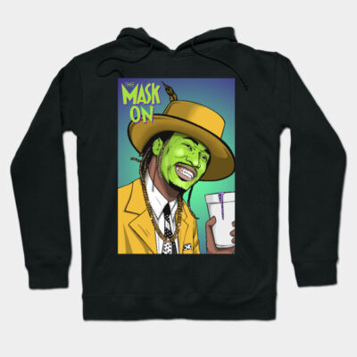 Black hoodie featuring vibrant cartoon design with green-faced character in yellow suit and hat, ideal for casual wear.
