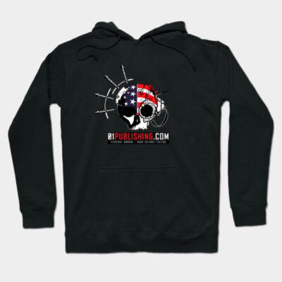 Black hoodie with graphic skull design featuring American flag and bullets, by 01Publishing.com. Casual wear, cotton blend.