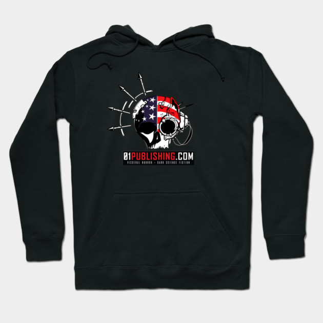 Black hoodie with graphic skull design featuring American flag and bullets, by 01Publishing.com. Casual wear, cotton blend.