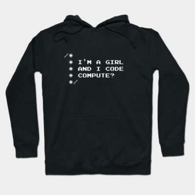 Black hoodie with "I'm a Girl and I Code" text, unisex style, comfortable cotton blend, ideal for casual wear.