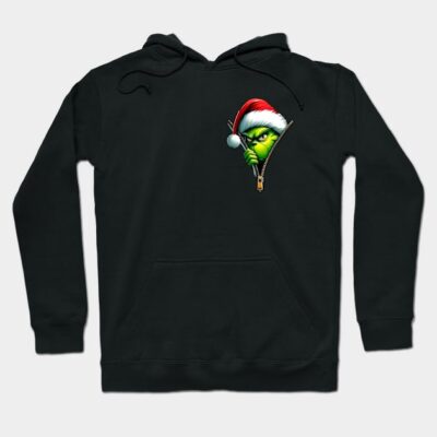 Black hoodie with festive green character and Santa hat graphic, perfect for holiday wear. Cozy, casual style.
