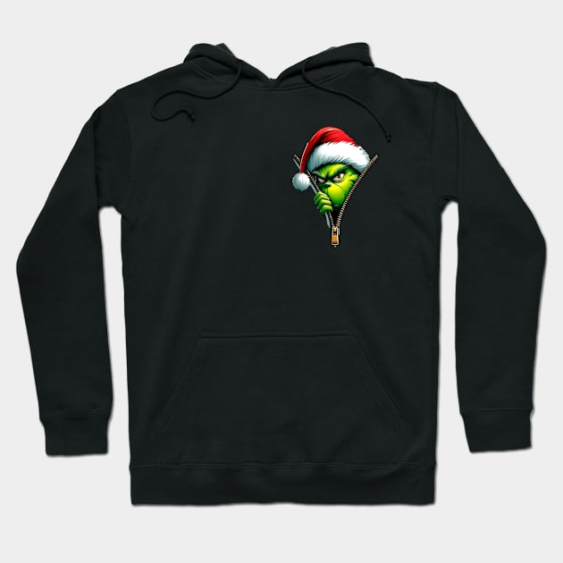 Black hoodie with festive green character and Santa hat graphic, perfect for holiday wear. Cozy, casual style.