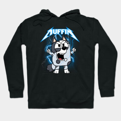 Black hoodie with cartoon dog graphic, "Muffin" text, casual style, cotton blend, ideal for everyday wear.