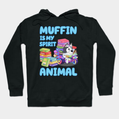 Black hoodie with "Muffin is My Spirit Animal" text, featuring a cartoon character and colorful books, casual wear.
