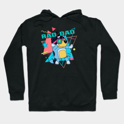 Black hoodie with colorful "Rad Dad" graphic, featuring playful cartoon design. Ideal for casual wear. Cotton material.