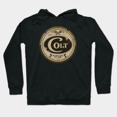 Black hoodie with vintage-style Colt logo, featuring drawstrings and front pocket, ideal for casual wear.