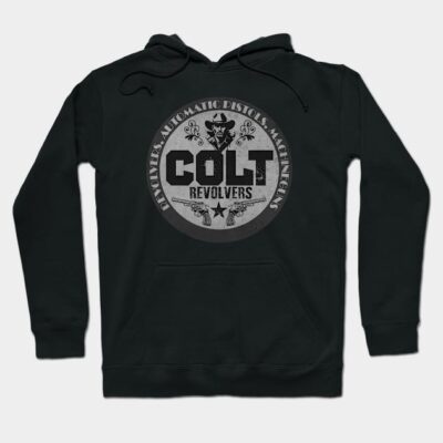 Black hoodie with vintage Colt revolvers graphic, featuring kangaroo pocket and drawstring hood. Cotton blend material.