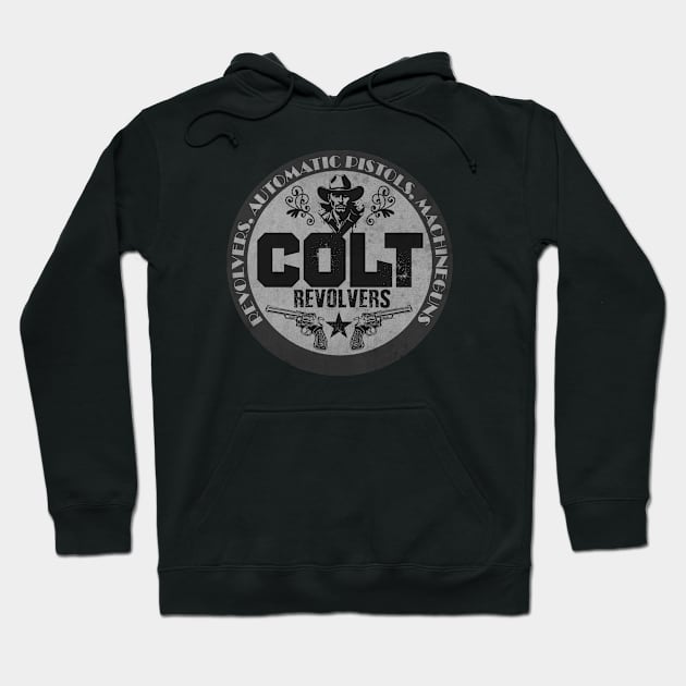 Black hoodie with vintage Colt revolvers graphic, featuring kangaroo pocket and drawstring hood. Cotton blend material.