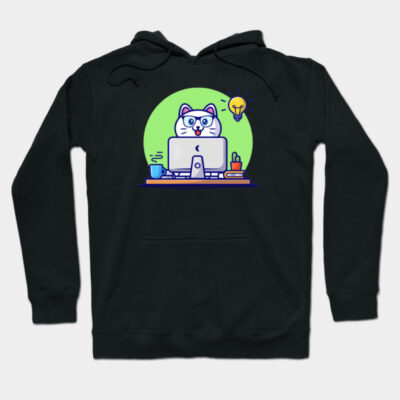 Black hoodie with a cute cat graphic at a desk, featuring a computer and light bulb design. Cozy and stylish casual wear.