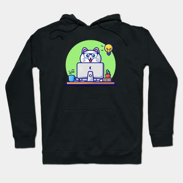 Black hoodie with a cute cat graphic at a desk, featuring a computer and light bulb design. Cozy and stylish casual wear.