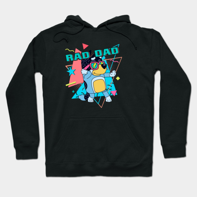Black hoodie with colorful "Rad Dad" graphic, featuring playful cartoon design. Ideal for casual wear. Cotton material.