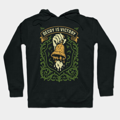 Black hoodie with "Decay Is Victory" design, featuring a hand holding a bell with floral accents. Casual streetwear style.