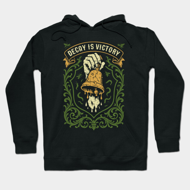 Black hoodie with "Decay Is Victory" design, featuring a hand holding a bell with floral accents. Casual streetwear style.