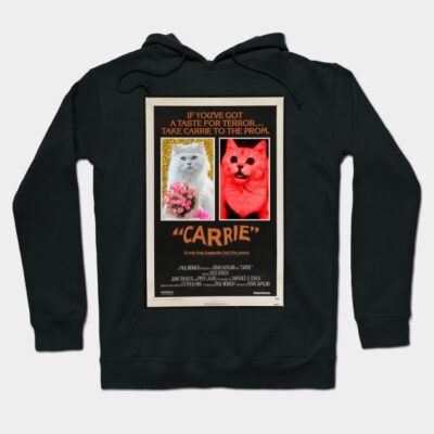 Black hoodie featuring retro-style cat graphic with "Carrie" theme, perfect for casual wear and cat lovers.