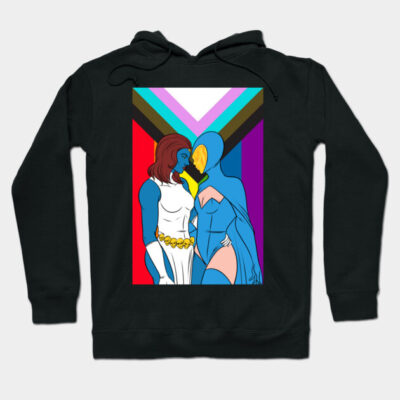 Black pullover hoodie with colorful abstract art print, featuring vibrant characters and geometric shapes.
