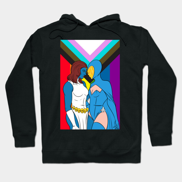 Black pullover hoodie with colorful abstract art print, featuring vibrant characters and geometric shapes.