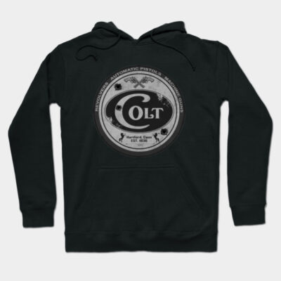 Black hooded sweatshirt with vintage gun logo design, featuring front pocket and adjustable drawstrings.
