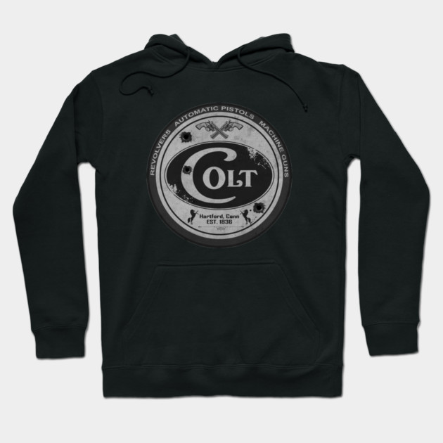 Black hooded sweatshirt with vintage gun logo design, featuring front pocket and adjustable drawstrings.